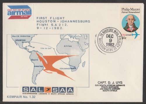 AVIATION 1982 KEMPAIR FLIGHT COVER #1.32 1ST SAA FLIGHT HOUSTON TO JHB