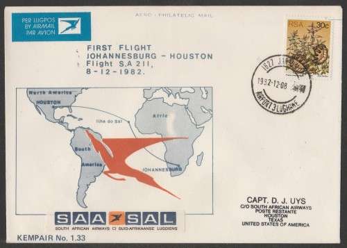 AVIATION 1982 KEMPAIR FLIGHT COVER #1.33 1ST SAA FLIGHT JHB TO HOUSTON