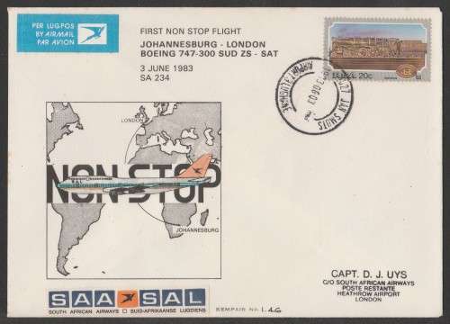 AVIATION 1983 KEMPAIR FLIGHT COVER #1.46 1ST SAA NON STOP FLIGHT BOEING 747 300 JHB TO LDN
