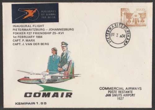 AVIATION 1984 KEMPAIR FLIGHT COVER #1.55 INAUGURAL FLIGHT COMAIR FOKKER F27 FRIENDSHIP PMB TO JHB