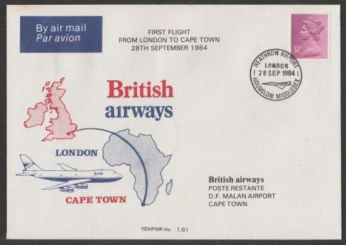 AVIATION 1984 KEMPAIR FLIGHT COVER #1.61 1ST FLIGHT BRITISH AIRWAYS LDN TO CT