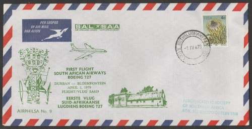 AVIATION 1979 AIRPHILSA FLIGHT COVER #9 1ST FLIGHT SAA BOEING 727 DURBAN TO BLOEMFONTEIN