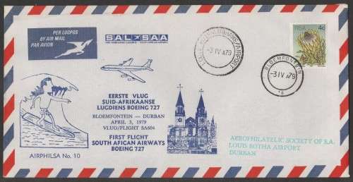 AVIATION 1979 AIRPHILSA FLIGHT COVER #10 1ST FLIGHT SAA BOEING 727 BLOEMFONTEIN TO DURBAN