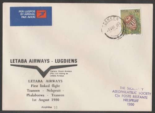 AVIATION 1980 AIRPHILSA FLIGHT COVER #18 1ST LINKED FLIGHT LETABA AIRWAYS TZANEEN TO NELSPRUIT