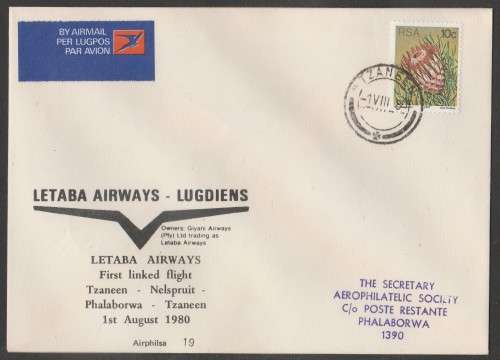 AVIATION 1980 AIRPHILSA FLIGHT COVER #19 1ST LINKED FLIGHT LETABA AIRWAYS TZANEEN TO PHALABORWA
