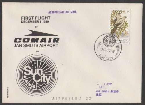 AVIATION 1980 AIRPHILSA FLIGHT COVER #22 1ST FLIGHT COMAIR SUN CITY TO JAN SMUTS