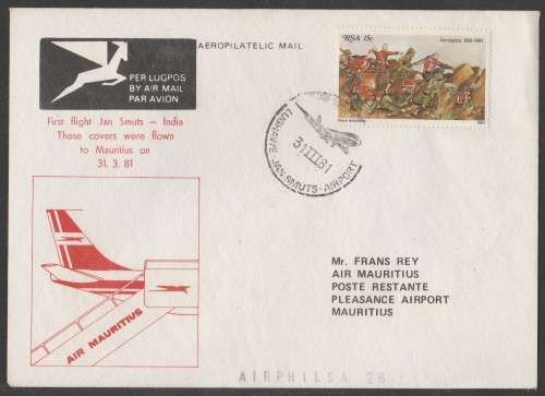 AVIATION 1981 AIRPHILSA FLIGHT COVER #26 1ST FLIGHT AIR MAURITIUS JAN SMUTS TO MAURITIUS