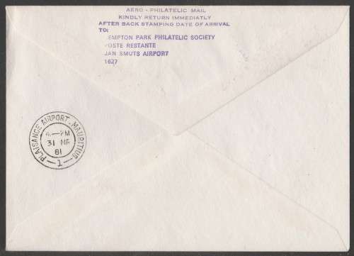 AVIATION 1981 AIRPHILSA FLIGHT COVER #26 1ST FLIGHT AIR MAURITIUS JAN SMUTS TO MAURITIUS