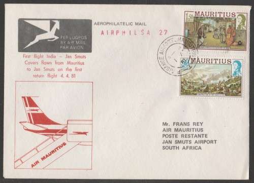 AVIATION 1981 AIRPHILSA FLIGHT COVER #27 1ST FLIGHT AIR MAURITIUS MAURITIUS TO JAN SMUTS