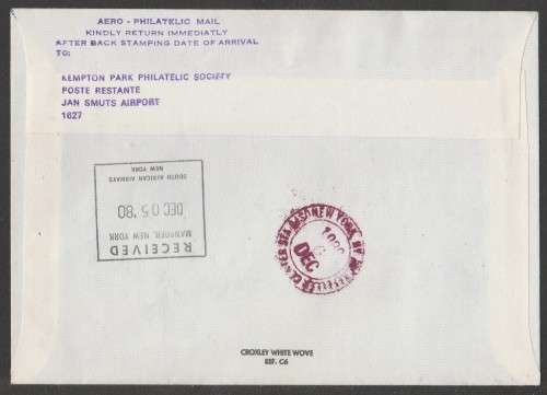 AVIATION 1980 AIRPHILSA FLIGHT COVER #36 1ST FLIGHT SAA BOEING 747 COMBI JAN SMUTS TO NEW YORK