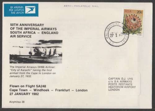 AVIATION 1982 AIRPHILSA FLIGHT COVER #38 50TH ANNIV IMPERIAL AIRWAYS SA TO UK AIR SERVICE CT TO LDN