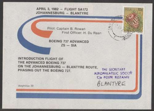 AVIATION 1982 AIRPHILSA FLIGHT COVER #39 1ST FLIGHT SAA BOEING 737 JAN SMUTS TO BLANTYRE
