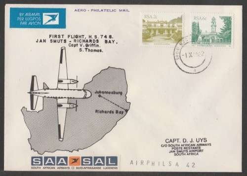 AVIATION 1982 AIRPHILSA FLIGHT COVER #42 1ST FLIGHT SAA HS748 RICHARDS BAY TO JAN SMUTS