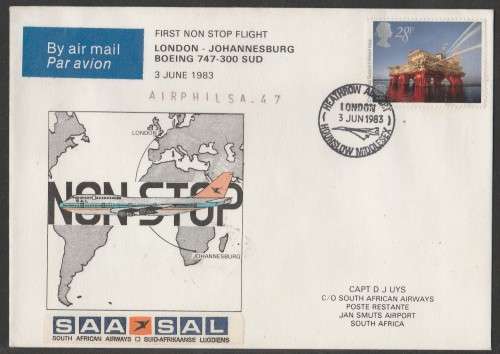 AVIATION 1983 AIRPHILSA FLIGHT COVER #47 1ST NON STOP FLIGHT SAA BOEING 747 300 LDN TO JAN SMUTS