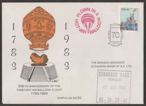 AVIATION 1983 AIRPHILSA FLIGHT COVER #50 200TH ANNIV 1ST HOT AIR BALLOON FLIGHT FLOWN DBN TO VERULAM