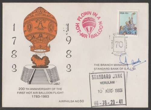 AVIATION 1983 AIRPHILSA FLIGHT COVER #50 200 ANNIV 1ST HOT AIR BALLOON FLIGHT DBN TO VERULAM SIGNED