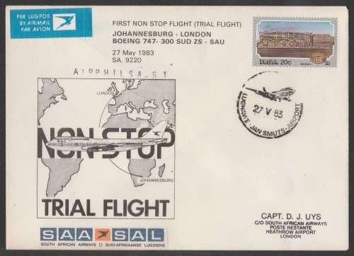 AVIATION 1983 AIRPHILSA FLIGHT COVER #51 1ST NON STOP SAA TRIAL FLIGHT BOEING 747 300 JHB TO LDN