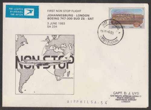 AVIATION 1983 AIRPHILSA FLIGHT COVER #54 1ST NON STOP SAA FLIGHT BOEING 747 300 JAN SMUTS TO LDN