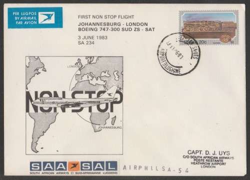AVIATION 1983 AIRPHILSA FLIGHT COVER #54 1ST NON STOP SAA FLIGHT BOEING 747 300 JAN SMUTS TO LDN