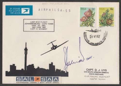 AVIATION 1982 AIRPHILSA FLIGHT COVER #55 LAST BOEING 727 FLIGHT SAA JHB - DF MALAN SIGNED CAPT