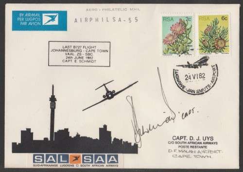 AVIATION 1982 AIRPHILSA FLIGHT COVER #55 LAST BOEING 727 FLIGHT SAA JAN SMUTS - DF MALAN SIGNED CAPT