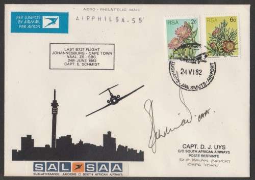 AVIATION 1982 AIRPHILSA FLIGHT COVER #55 LAST BOEING 727 FLIGHT SAA JAN SMUTS - DF MALAN SIGNED CAPT