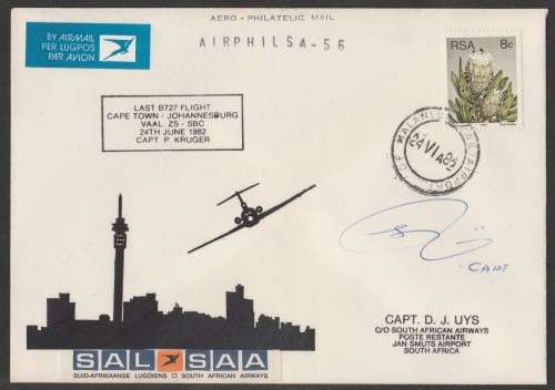 AVIATION 1982 AIRPHILSA FLIGHT COVER #56 LAST BOEING 727 FLIGHT SAA DF MALAN - JAN SMUTS SIGNED CAPT