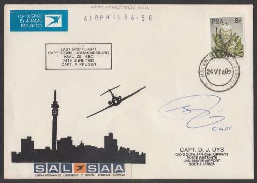 AVIATION 1982 AIRPHILSA FLIGHT COVER #56 LAST BOEING 727 FLIGHT SAA DF MALAN - JAN SMUTS SIGNED CAPT