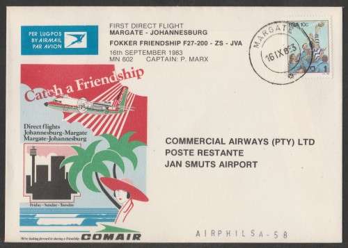 AVIATION 1983 AIRPHILSA FLIGHT COVER #58 1ST DIRECT FLIGHT COMAIR  FOKKER FRIENDSHIP MARGATE TO JHB