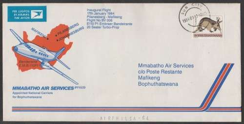 AVIATION 1984 AIRPHILSA FLIGHT COVER #64 INAUGURAL FLIGHT MMABATHO AIR SERVICES SUN CITY TO MAFIKENG