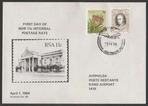 AVIATION 1984 AIRPHILSA FLIGHT COVER #66 1ST DAY OF 11c INTERNAL RATE FLOWN JAN SMUTS - RAND AIRPORT