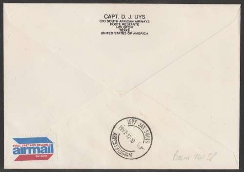 AVIATION 1982 AIRPHILSA FLIGHT COVER #77 1ST FLIGHT SAA HOUSTON USA TO JAN SMUTS