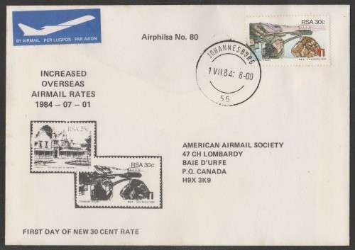 AVIATION 1984 AIRPHILSA FLIGHT COVER #80 INCREASED OVERSEAS AIRMAIL RATES FLOWN JHB TO CANADA
