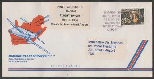AVIATION 1984 AIRPHILSA FLIGHT COVER #84 1ST SCHEDULED LANDING MMABATHO AIRPORT MMBATHO AIR SERVICES