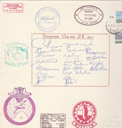 ANTARCTIC COM COVER 1983 SA AGULHAS VOYAGE 28 POSTED OFF SANAE SIGNED BY FULL EXPEDITION TEAM