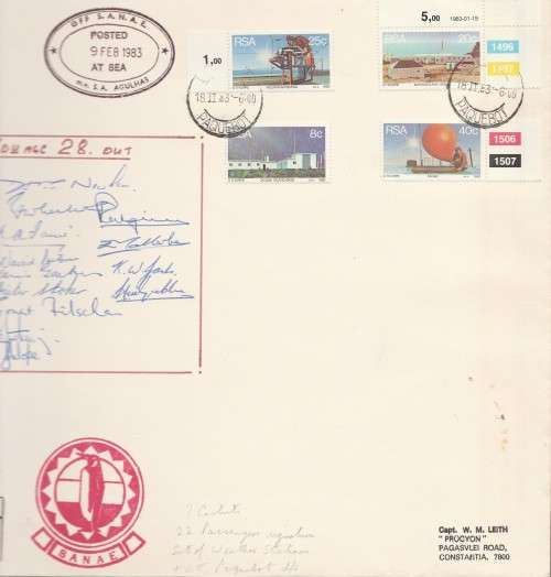 ANTARCTIC COM COVER 1983 SA AGULHAS VOYAGE 28 POSTED OFF SANAE SIGNED BY FULL EXPEDITION TEAM