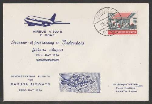 AVIATION 1974 AIRBUS A300 COM COVER 1ST LANDING ON INDONESIA JAKARTA AIRPORT