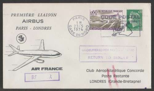 AVIATION 1974 AIRBUS A300 COM COVER AIR FRANCE PARIS-LONDON