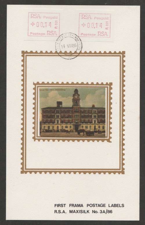 RSA 1986 1ST FRAMA LABELS JHB D/S LIMITED EDITION MAXISILK CARD # 3A/86
