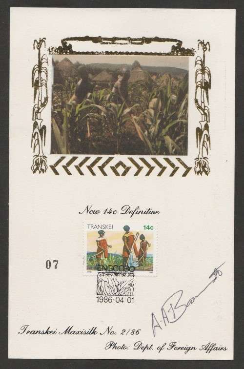TRANSKEI 1986 14c DEFINITIVE LIMITED EDITION SIGNED MAXISILK CARD # 2/86