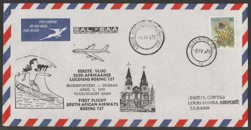 AVIATION 1979 SAA FLIGHT COVER 1ST FLIGHT BOEING 727 BLOEM-DBN