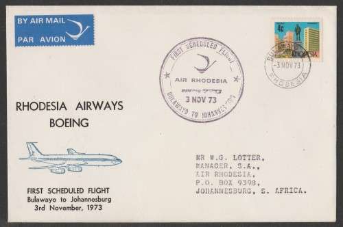 AVIATION 1973 RHODESIA AIRWAYS FLIGHT COVER 1ST SCHEDULED BOEING FLIGHT BULAWAYO-JHB