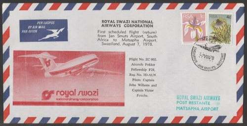 AVIATION 1978 ROYAL SWAZI AIRWAYS FLIGHT COVER 1ST SCHEDULED FLIGHT JAN SMUTS-MATSAPHA