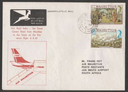 AVIATION 1981 AIR MAURITIUS FLIGHT COVER 1ST FLIGHT INDIA-JAN SMUTS FLOWN MAURITIUS -JAN SMUTS