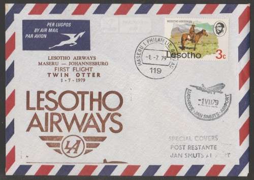 AVIATION 1979 LESOTHO AIRWAYS FLIGHT COVER 1ST FLIGHT TWIN OTTER MASERU-JHB