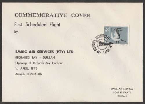 AVIATION 1976 FLIGHT COVER 1ST SCHEDULED FLIGHT EMRIC AIR SERVICES CESSNA 402 RICHARDS BAY-DBN