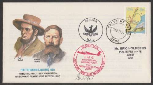 AVIATION 1988 PMB NAT PHILEX GLIDER MAIL FLIGHT COVER GREYTOWN-ORIBI SIGNED PILOT BRIAN WILFORD