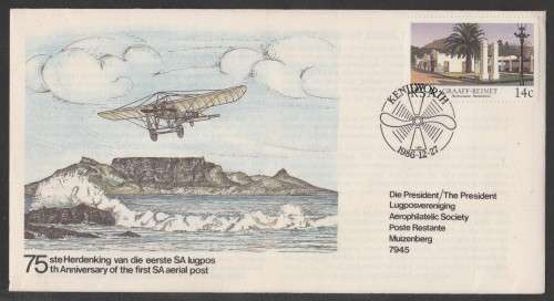 AVIATION 1986 75TH ANNIV 1ST SA AERIAL POST KENILWORTH-MUIZEMBERG FLIGHT COVER 27/12/11