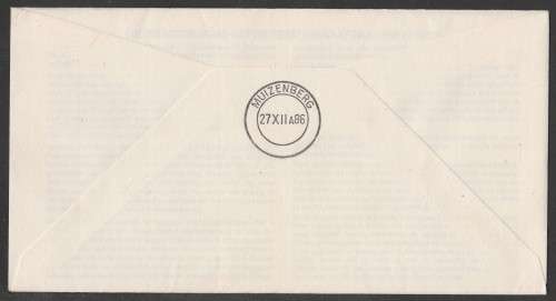 AVIATION 1986 75TH ANNIV 1ST SA AERIAL POST KENILWORTH-MUIZEMBERG FLIGHT COVER 27/12/11