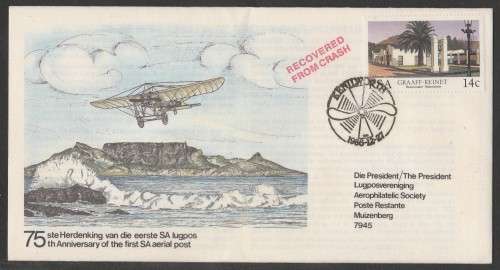 AVIATION 1986 75TH ANNIV 1ST SA AERIAL POST KENILWORTH-MUIZEMBERG 27/12/11 COM COVER SIGNED PILOT